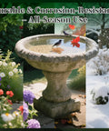 Pure Copper Bird Bath Disk With Triple Point Support Keeps Water Clean Longer For All Season Outdoor Bird Bowl No Scrubbing Needed Safe Water Without Chemicals 99.99 Percent Copper Flower Design installed in garden during different seasons