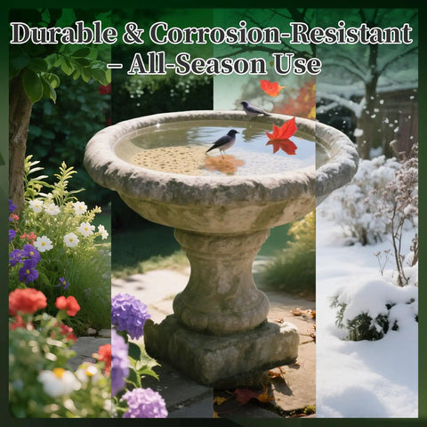 Pure Copper Bird Bath Disk With Triple Point Support Keeps Water Clean Longer For All Season Outdoor Bird Bowl No Scrubbing Needed Safe Water Without Chemicals 99.99 Percent Copper Flower Design installed in garden during different seasons