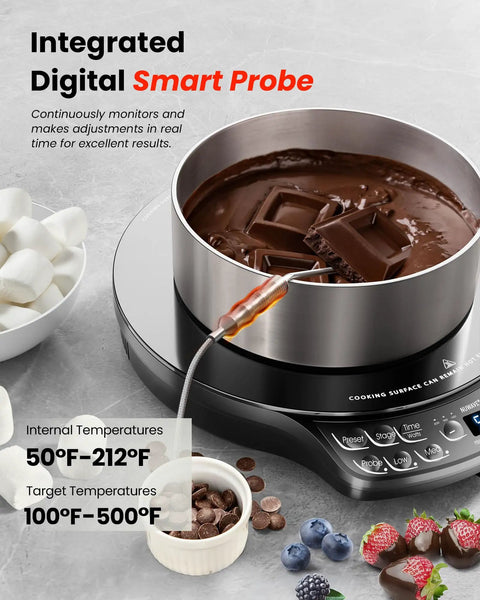 Portable Induction Cooktop With Probe, Diamond Edition, 91 Temp Settings From 100F To 500F with chocolate melting in pot