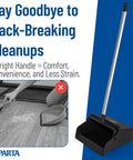 Heavy Duty Upright Dustpan With 30 Inch Aluminum Handle Locking Yoke Serrated Broom Lip Stand Up for easy cleanup.