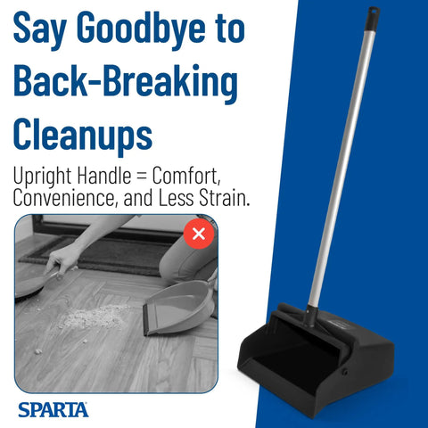 Heavy Duty Upright Dustpan With 30 Inch Aluminum Handle Locking Yoke Serrated Broom Lip Stand Up for easy cleanup.
