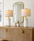 Set Of 2 Ceramic Table Lamps 24 Inch For Nightstands And Living Rooms Farmhouse Chic Modern Style White Finish Bedroom Bedside End Tables Ambient Lighting With Soft Glow on wooden console.