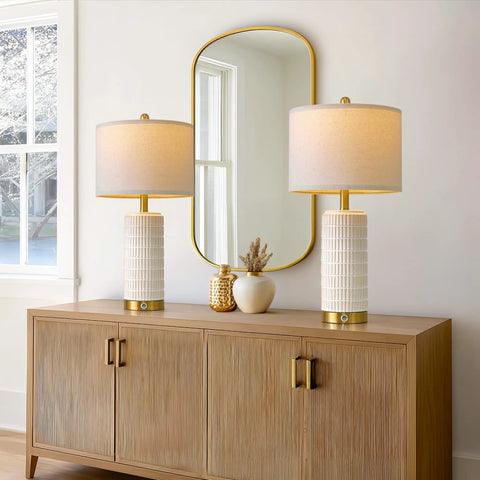 Set Of 2 Ceramic Table Lamps 24 Inch For Nightstands And Living Rooms Farmhouse Chic Modern Style White Finish Bedroom Bedside End Tables Ambient Lighting With Soft Glow on wooden console.