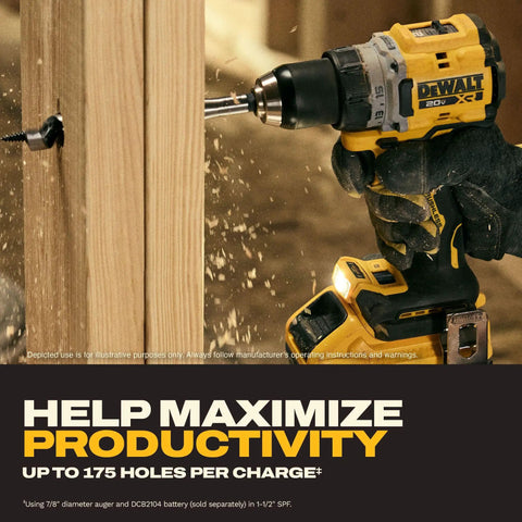 Heavy Hitter 20V Max Brushless Cordless Drill Driver with keyless chuck drilling into wood, featuring built-in work light.