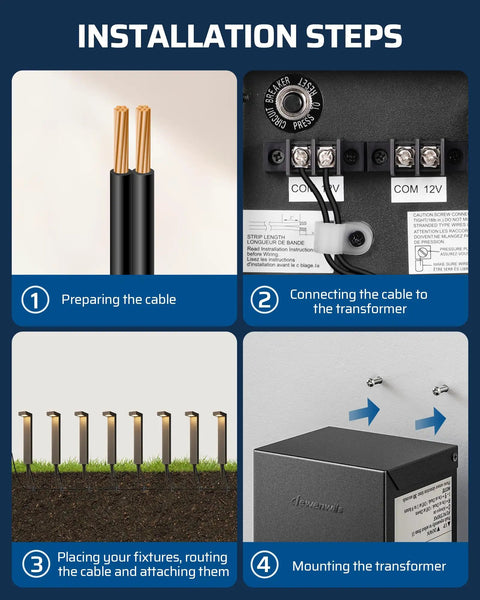 Installation steps for 300W Digital Low Voltage Landscape Transformer With Timer And Dusk To Dawn Photocell Sensor shown in four images.