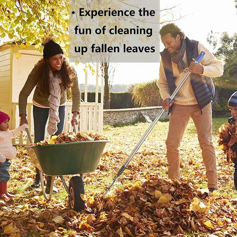 Man raking leaves with Heavy Duty Garden Rake With 11 Metal Tines And Adjustable 36 To 78 Inch Handle Eight Point Five Inch Wide Head For Leaves Lawns Shrubs And Garden Beds Premium Stainless Steel Construction Built To Last For Year After Year Yard Work in autumn garden