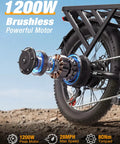 Close-up of 1200W peak motor and fat tire on Foldable Electric Bike for Adults With 1200W Peak Motor, 20 Inch Fat Tires.