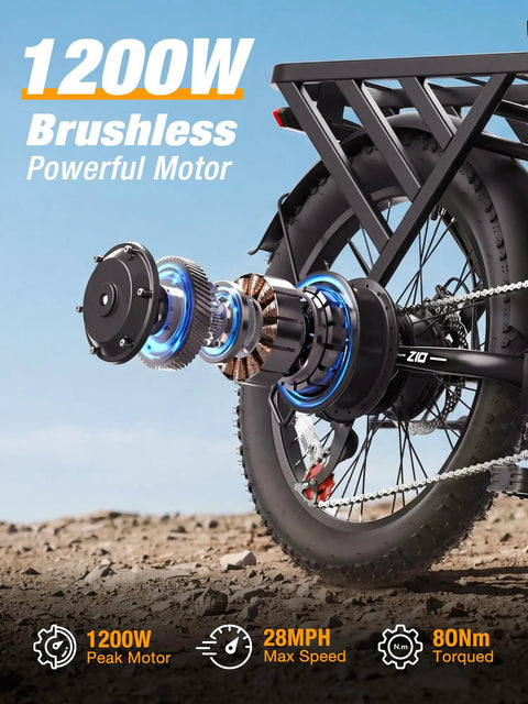 Close-up of 1200W peak motor and fat tire on Foldable Electric Bike for Adults With 1200W Peak Motor, 20 Inch Fat Tires.