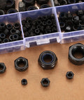 Nylon Insert Hex Lock Nuts Set Of 220 Pieces Carbon Steel Black Lock Nuts displayed in compartments and assortment on table.