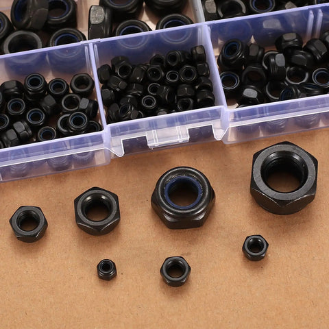 Nylon Insert Hex Lock Nuts Set Of 220 Pieces Carbon Steel Black Lock Nuts displayed in compartments and assortment on table.