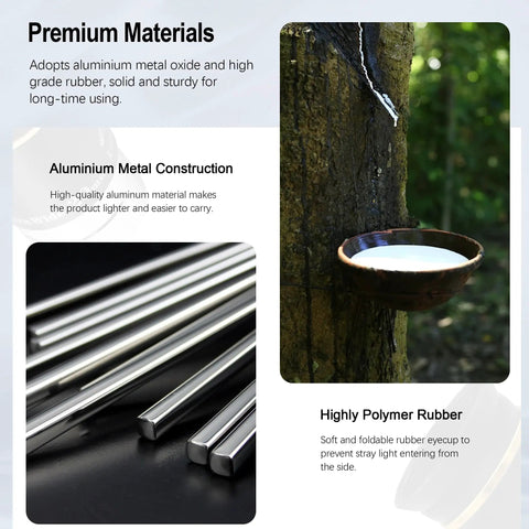 Aluminum metal rods and rubber material detailing the construction of 1.25 Inch Hd Fully Multi Coated Eyepiece With 66 Degree Ultra Wide Angle
