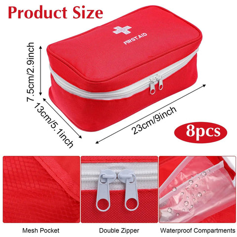 Red waterproof 600D Oxford first aid bag, 23x13x7.5cm, with double zipper and mesh pocket, part of Eight Pack Empty First Aid Bags