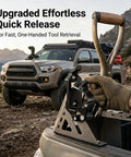 Close-up of Heavy Duty Shovel Mount For Roof Rack With Metal Rubber Axe Holder And Quick Release Clamps, off-road truck in background