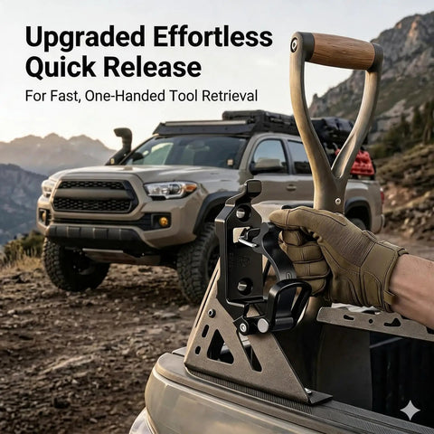 Close-up of Heavy Duty Shovel Mount For Roof Rack With Metal Rubber Axe Holder And Quick Release Clamps, off-road truck in background
