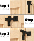 Installation steps for Tough As Nails 6 Inch Gate Flip Latch with smooth 360 degree rotation, showing securing latch and receiver plate.