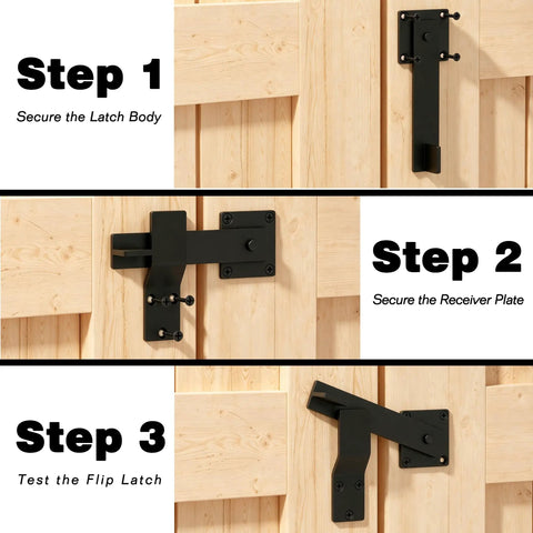 Installation steps for Tough As Nails 6 Inch Gate Flip Latch with smooth 360 degree rotation, showing securing latch and receiver plate.