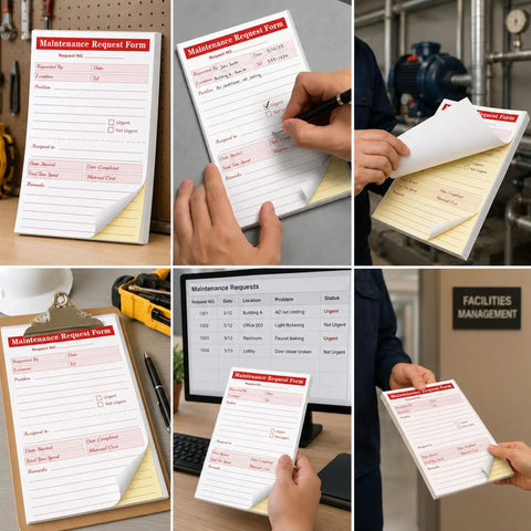 Two Part Carbonless Maintenance Request Forms Book Set, 50 Packs of 100 Sheets Per Book, Easy Tear Perforated Copies for Quick Service Requests, Durable Paperwork for Maintenance Teams and Field Technicians showing carbonless duplicate forms