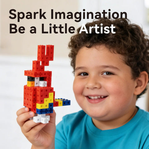 Child holding 100 Piece Math Linking Cubes Set For Kids Ages 3 To 8 Colorful Counting Cubes for fun pattern building.