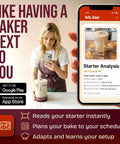 Woman using phone app to analyze sourdough starter next to glass jar from All In One Sourdough Starter Kit With 9 Inch Splinter Free Banneton Basket Nonstick Silicone Dough Sling Glass Starter Jar Lame And Whisk Essential Artisan Bread Baking Tools For Growing Your Starter And Baking Great Loaves For Home Bakers