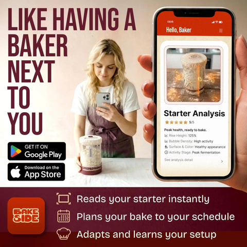 Woman using phone app to analyze sourdough starter next to glass jar from All In One Sourdough Starter Kit With 9 Inch Splinter Free Banneton Basket Nonstick Silicone Dough Sling Glass Starter Jar Lame And Whisk Essential Artisan Bread Baking Tools For Growing Your Starter And Baking Great Loaves For Home Bakers