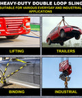 Image of Two Pack 8.2 Foot Eye and Eye Polyester Round Lift Slings Set used for lifting, trailers, binding, and industrial applications.