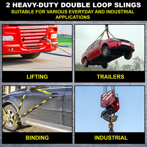 Image of Two Pack 8.2 Foot Eye and Eye Polyester Round Lift Slings Set used for lifting, trailers, binding, and industrial applications.
