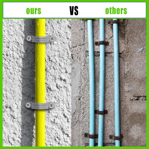 Comparison of Killer One Inch Pvc Pipe Straps With Two Holes on yellow and blue pipes showing effectiveness in securing.