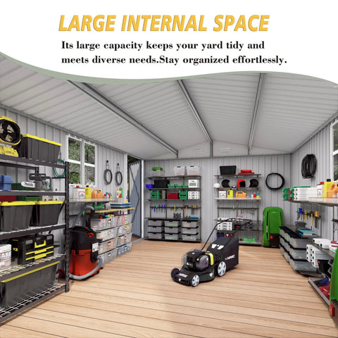 Interior of 10x14 Foot Galvanized Steel Outdoor Storage Shed With Lockable Door And Window, organized shelves, gardening tools.