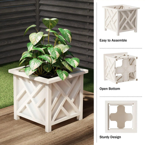 Lattice Design Outdoor Planter Box 14.75 Inch Square 13 Inch Tall White Plant Pot For Front Porch Decor Durable Weather Resistant Planter Cover Ideal For Garden Patio Or Porch Flower Pots with plant.