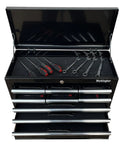 Front view of Beefy Portable 9 Drawer Tool Chest In Steel Black With Ball Bearing Drawer Slides Central Lock Two Side Handles