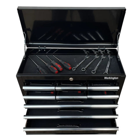 Front view of Beefy Portable 9 Drawer Tool Chest In Steel Black With Ball Bearing Drawer Slides Central Lock Two Side Handles