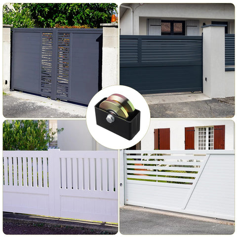 4 Inch Sliding Gate Rollers Wheel 2 Pack With V Groove And Welded Bracket for heavy-duty gates, different installation views