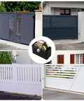4 Inch Sliding Gate Roller Wheel With V Groove And Welded Bracket Heavy Duty Solid Double Bearing Gate Wheel 3000 Lbs Capacity One And Three Quarter Inch Width Includes Screws Corrosion Resistant displayed with various gate styles in background.