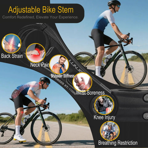 Cyclist using adjustable 31.8mm bike stem with 120 degree ergonomic MTB angle 6061 T6 aluminum riser on road bike