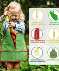 Girl in garden wearing green apron holding carrot with Kid Friendly Gardening Wheelbarrow Set benefits infographic beside her