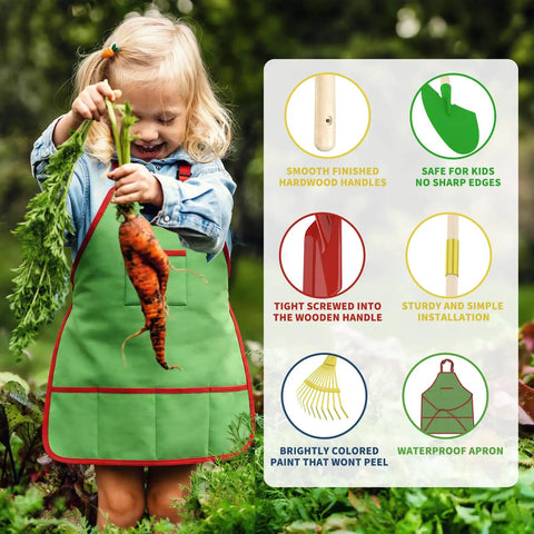 Girl in garden wearing green apron holding carrot with Kid Friendly Gardening Wheelbarrow Set benefits infographic beside her