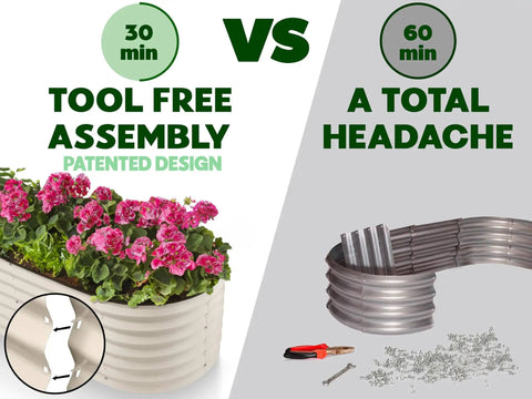 Nine In One Galvanized Steel Raised Garden Bed Eight By Two By One And A Half Foot Modular Planter with flowers vs. metal panels with tools