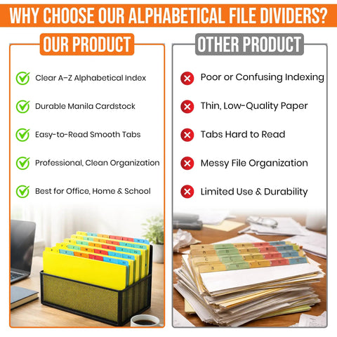 Top Shelf Alphabetical Hanging File Folder Dividers Featuring Five Vibrant Color Coded Tabs For Letter Size, showcasing product benefits.