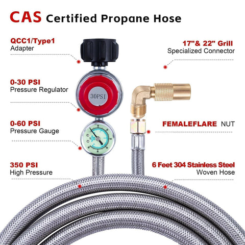 6 Ft Propane Adapter Hose With 0 To 30 Psi Regulator And 0 To 60 Psi Gauge showing connectors and pressure gauge details