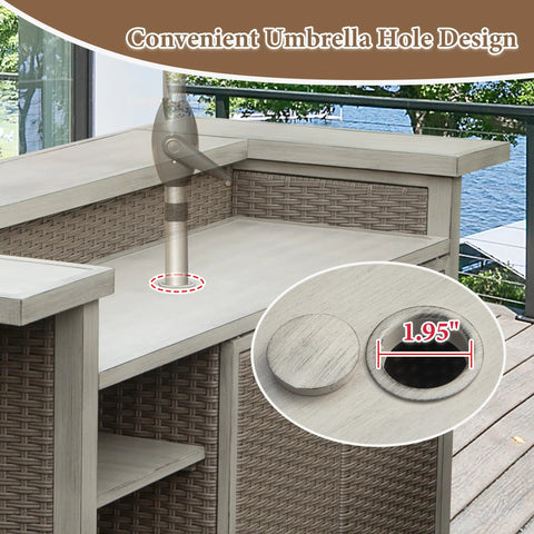 Outdoor Patio Bar Table With Aluminum Frame And PE Wicker Bar Cart Cabinet All Weather Storage umbrella hole feature