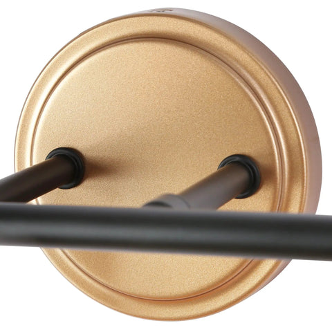 Close-up of gold wall mount and black rod from Modern Black And Gold Vanity Lights Over Mirror, Four Light Bathroom Fixture With Clear Glass Shades