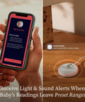 Dream Sock Smart Baby Monitor With Real Time Pulse Rate And Oxygen Alerts Easy Peace Of Mind For Busy Parents And Baby Sleep Insights And Real Time Alerts For Safer Nursery Night And Day. phone alert and nursery sensor on wood table