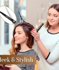 Woman using Pro Grade Hair Cutting Scissors 6.5 Inch Razor Edge Barber Shears for salon-style haircut at home.