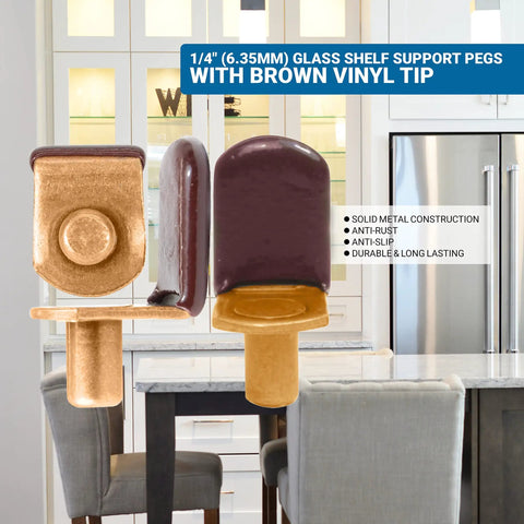 25 Pack Hella Sturdy L Shaped Cabinet Shelf Pins And Glass Support Brackets For Closet Storage Featuring Super Slick Vinyl Tipped Ends In A Sweet Antique Copper Finish For Flawless Diy Builds, showcasing brown vinyl tipped glass shelf support pegs.