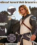 Epic Medieval Renaissance Sword Belt Set With Leather Bracers Pirate Costume Accessories Including Sword Holster Frog Skirt Hikes And Coin Pouch Brown Leather LARP Gear For Women And Viking Themed Events shown worn by a person in armor.