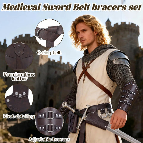 Epic Medieval Renaissance Sword Belt Set With Leather Bracers Pirate Costume Accessories Including Sword Holster Frog Skirt Hikes And Coin Pouch Brown Leather LARP Gear For Women And Viking Themed Events shown worn by a person in armor.