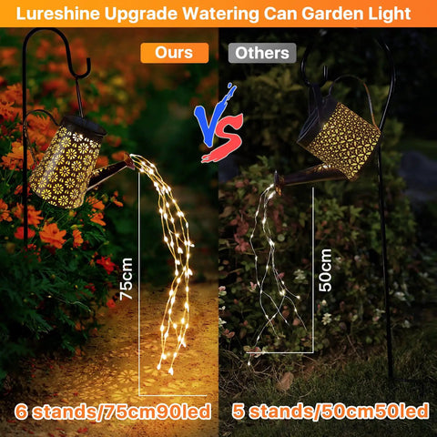 Solar Powered Watering Can Lantern Lights For Garden Decor with bright LED strings, showing comparison with another product.