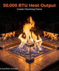 Propane Gas Fire Pit Table 32 Inch Square Outdoor Patio Brown with 50,000 BTU Stainless Steel Burner and Glass Stones ignited