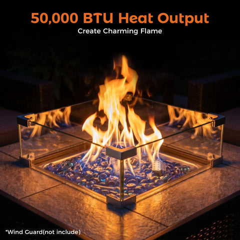 Propane Gas Fire Pit Table 32 Inch Square Outdoor Patio Brown with 50,000 BTU Stainless Steel Burner and Glass Stones ignited