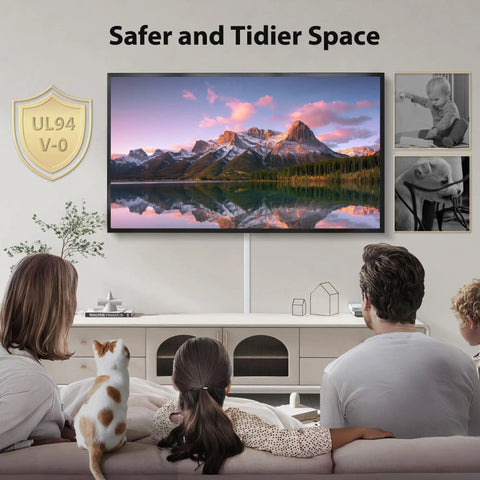 Family watching TV with large PVC cable cover kit for wall mounted TV cords 66 inch four sections sixteen and a half inch each white